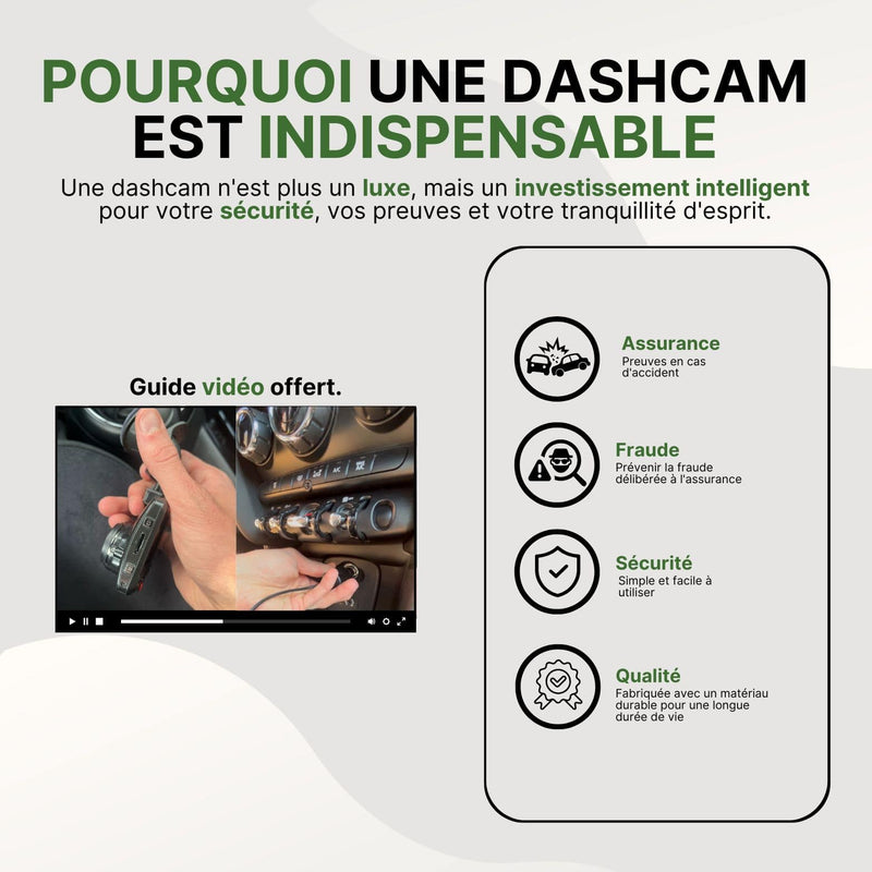 Guide vidéo de la dashcam VueClair Pro montrant l’installation en voiture et ses bénéfices pour la sécurité, l’assurance et la fiabilité.