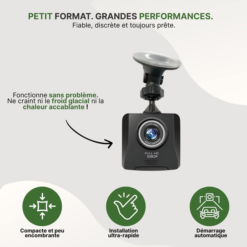 Vue avant de la dashcam VueClair Pro avec ventouse, compacte et résistante aux températures extrêmes, prête à filmer instantanément.