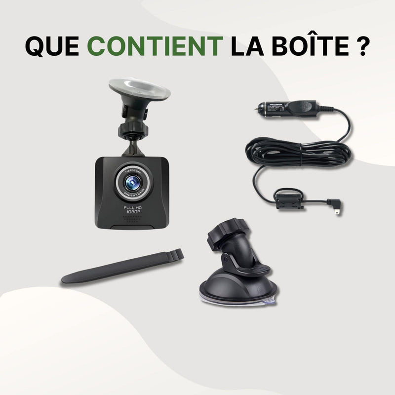 Contenu de la boîte VueClair Pro : dashcam avec ventouse, câble d’alimentation, support supplémentaire et outil de pose.
