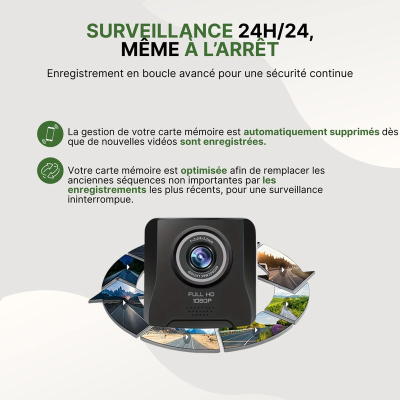Dashcam VueClair Pro enregistrement 24h/24, affichée avec cercle de vidéos pour illustrer l’enregistrement en boucle automatique.